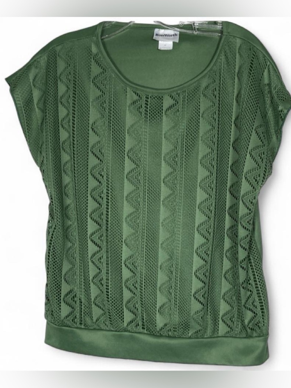 Bon Worth Olive Lace Knit Pattern Blouse Cottagecore Bohemian Sm Petite